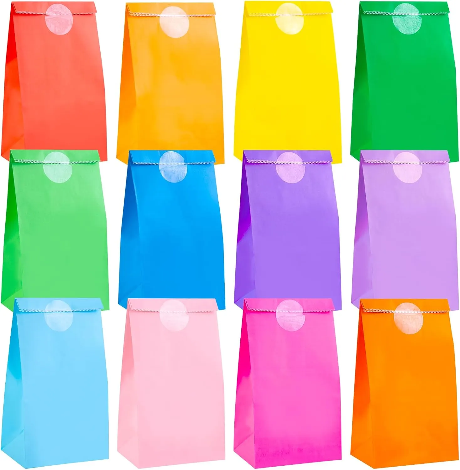 Shindel 48 Pack Paper Bags with Stickers, 8.8"x4.7"x3.1" Party Favor Treat Bags 12 Colors for Birthdays Baby Showers DIY Crafts Wedding