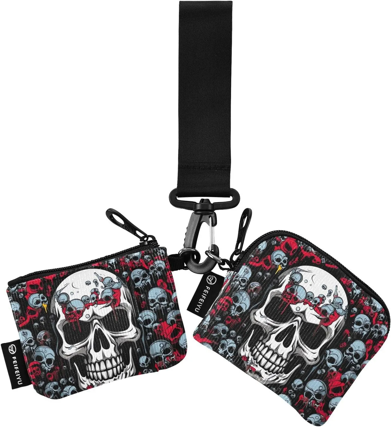 Skull Pattern Zip Around Wristlet Wallet for Women Portable Detachable Dual Pocket Keychain Wallet Wrist Wallet