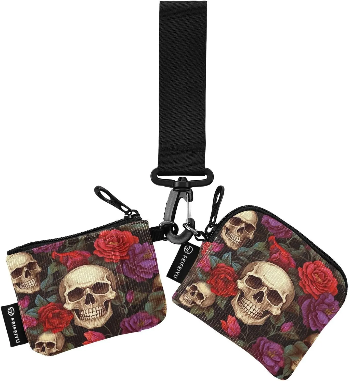 Skull Rose Zip Around Wristlet Wallet for Women Portable Detachable Dual Pocket Keychain Wallet Wrist Wallet