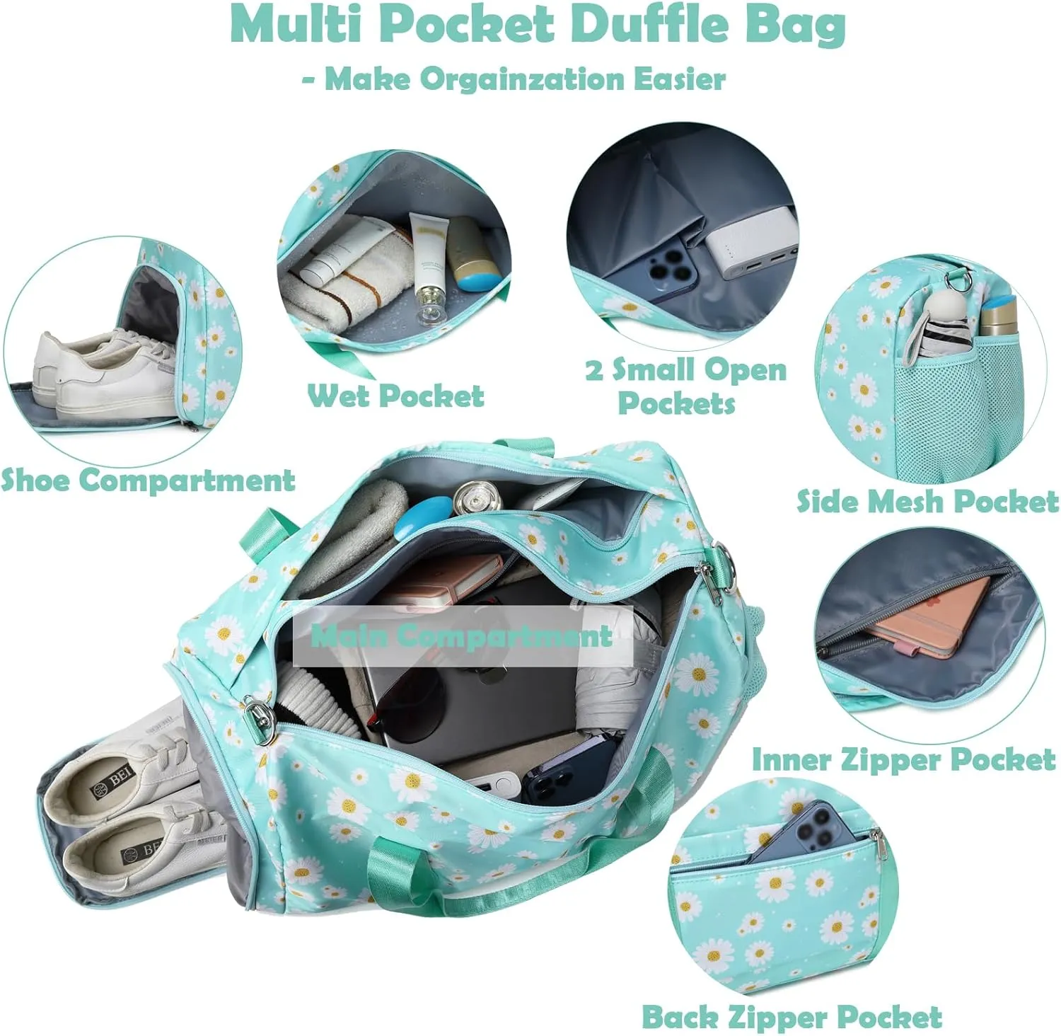 Sports Bag for Girls, Green Daisy Duffle Bag for Girl Women Gym Sports Ballet with Shoe Compartments, Girls Overnight Weekender Carry On Travel Bag