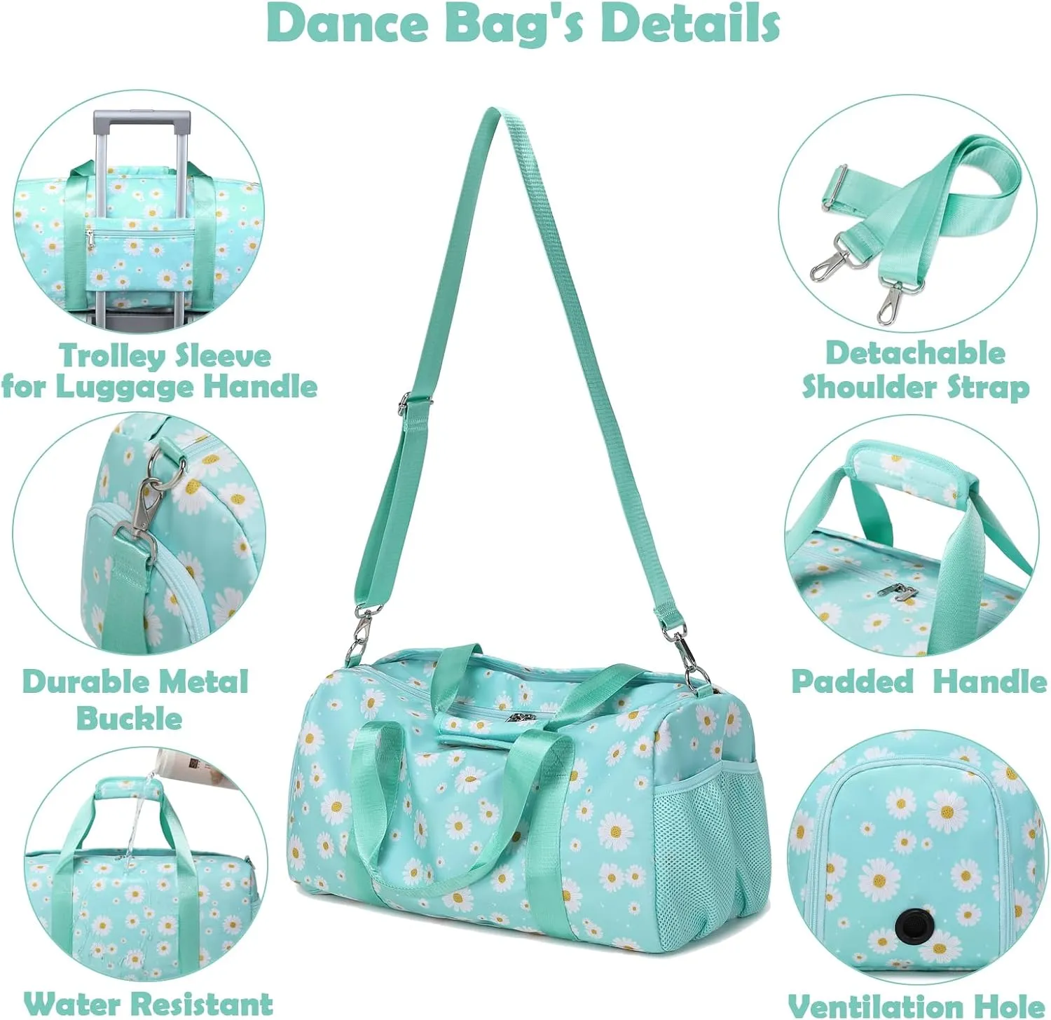 Sports Bag for Girls, Green Daisy Duffle Bag for Girl Women Gym Sports Ballet with Shoe Compartments, Girls Overnight Weekender Carry On Travel Bag