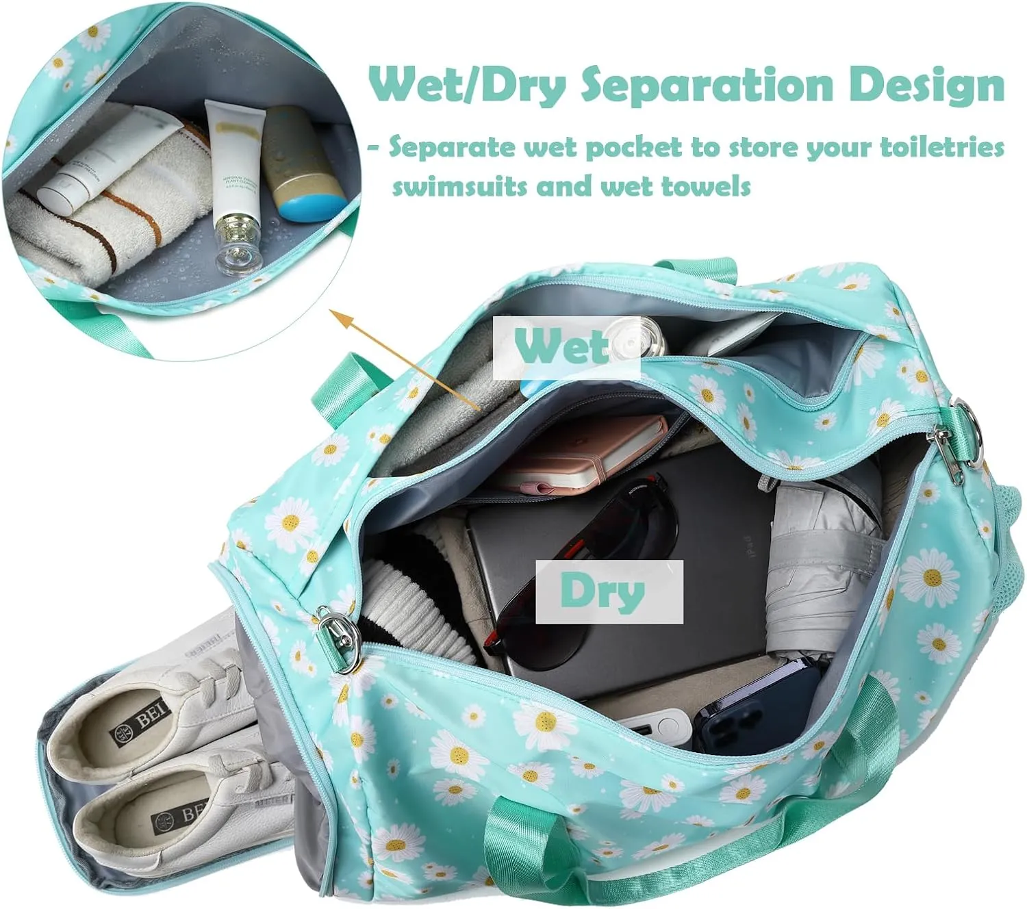 Sports Bag for Girls, Green Daisy Duffle Bag for Girl Women Gym Sports Ballet with Shoe Compartments, Girls Overnight Weekender Carry On Travel Bag