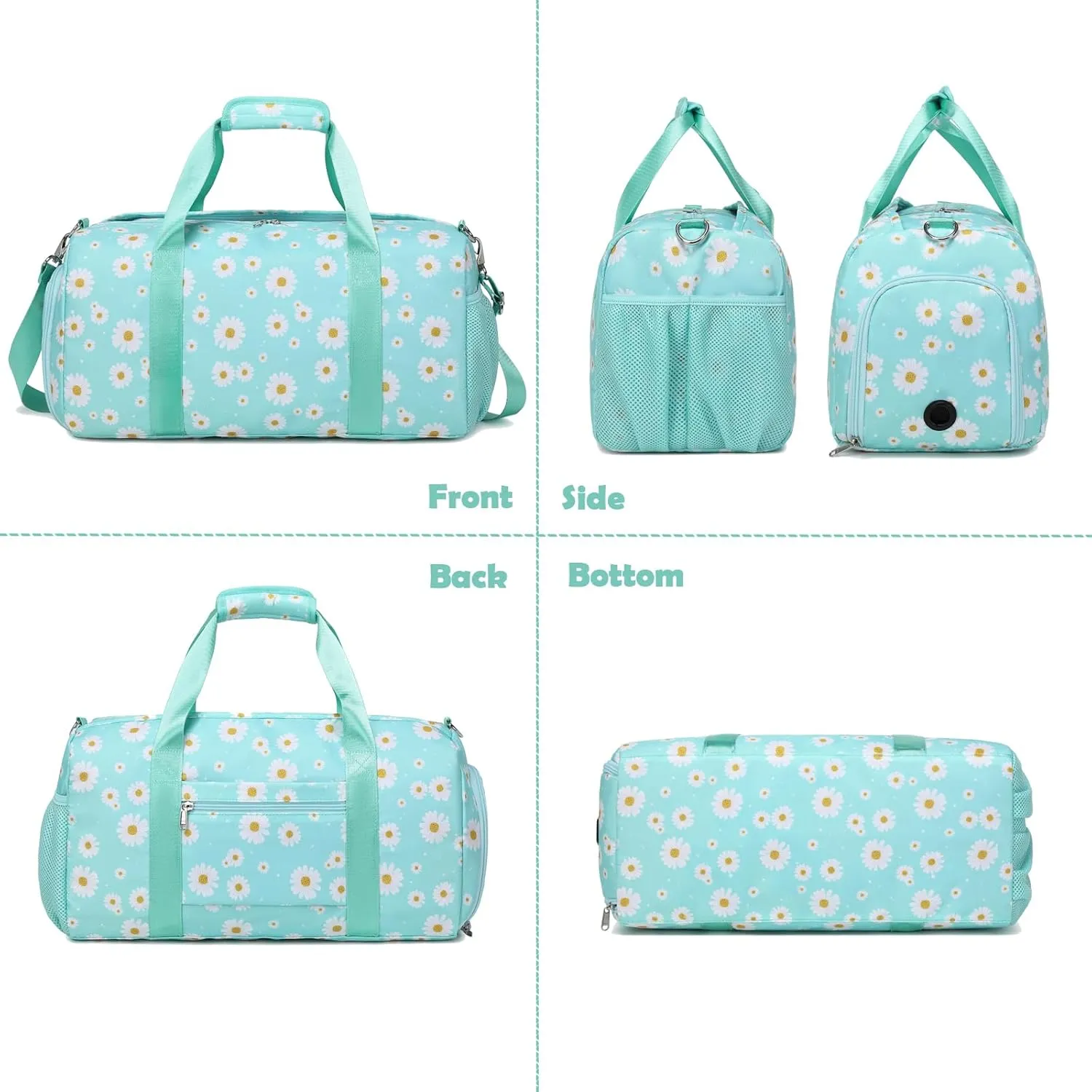 Sports Bag for Girls, Green Daisy Duffle Bag for Girl Women Gym Sports Ballet with Shoe Compartments, Girls Overnight Weekender Carry On Travel Bag