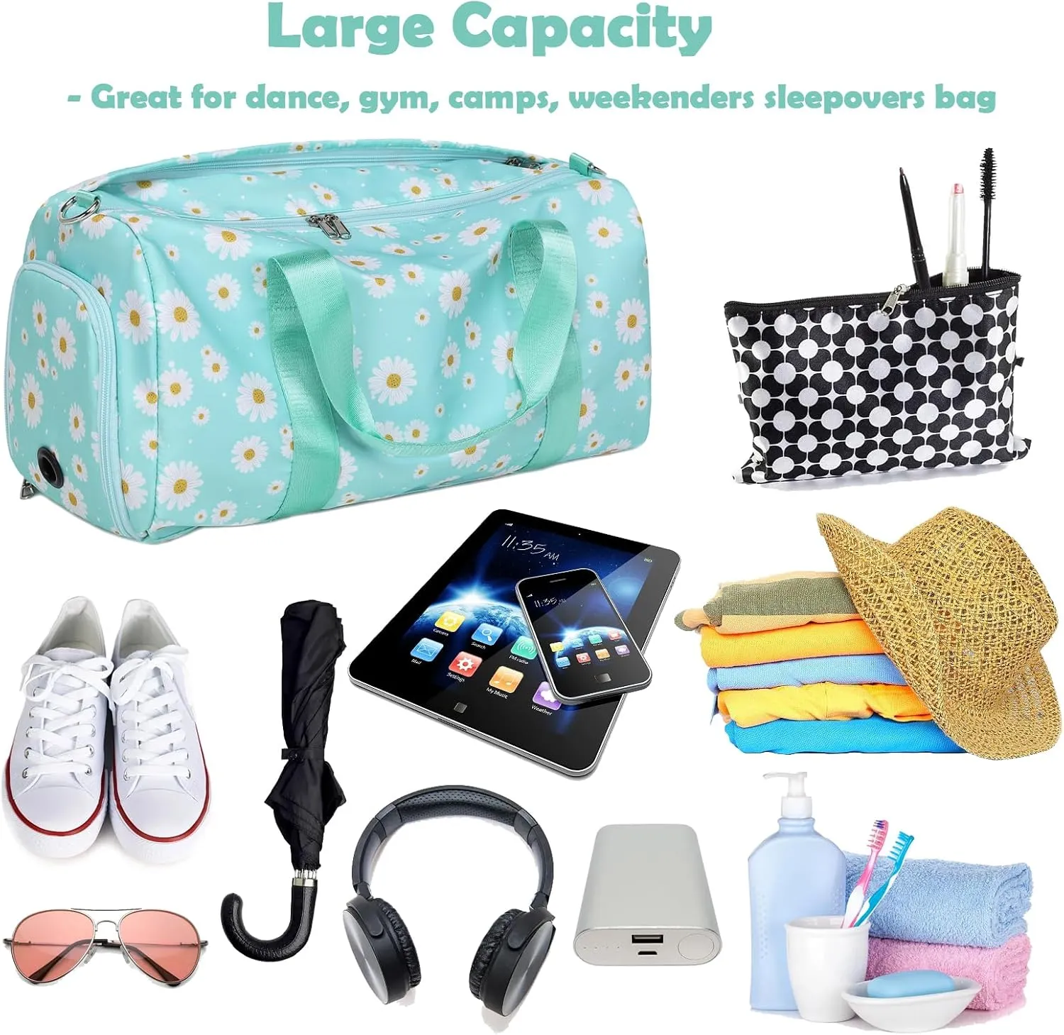 Sports Bag for Girls, Green Daisy Duffle Bag for Girl Women Gym Sports Ballet with Shoe Compartments, Girls Overnight Weekender Carry On Travel Bag