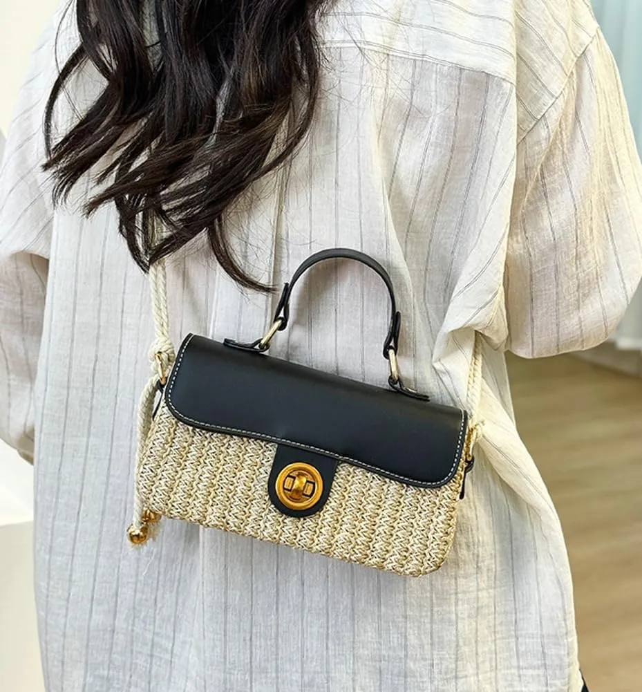 Straw Woven Clutch Purses for Women Cute Cross-body Handbag Mini Satchels Ladies Beach Bag for Travel,Commuting