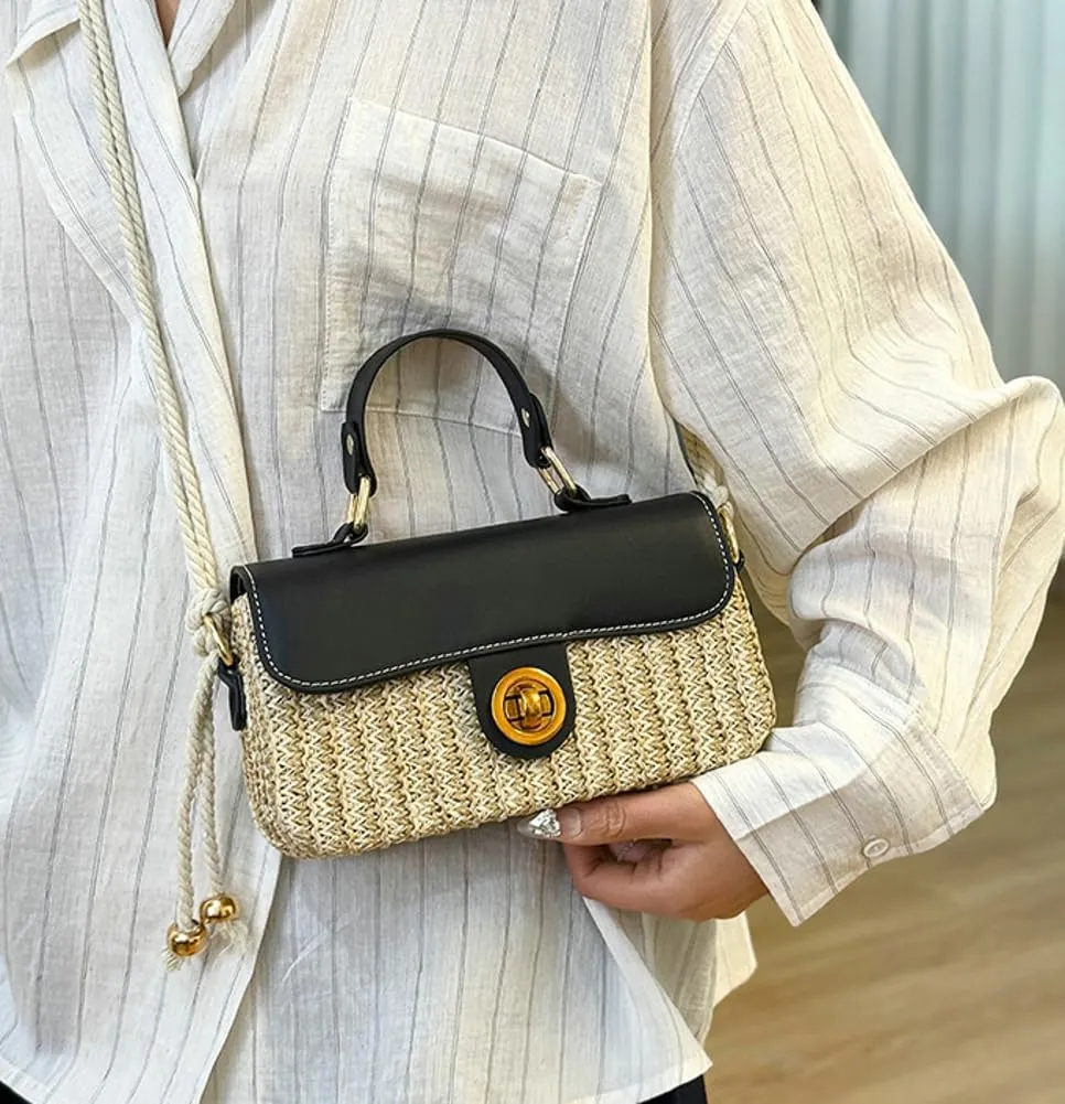 Straw Woven Clutch Purses for Women Cute Cross-body Handbag Mini Satchels Ladies Beach Bag for Travel,Commuting