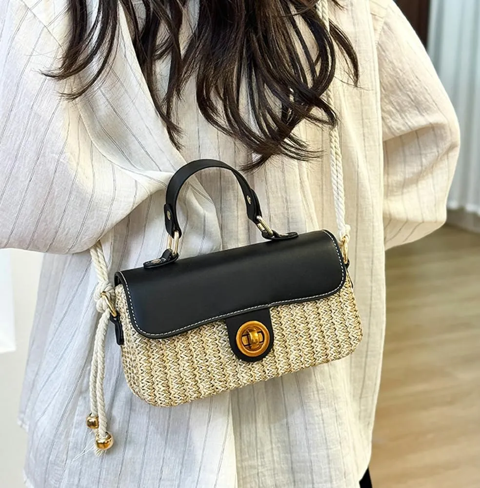 Straw Woven Clutch Purses for Women Cute Cross-body Handbag Mini Satchels Ladies Beach Bag for Travel,Commuting