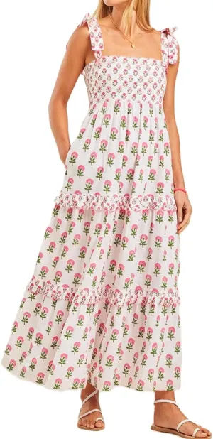 Summer Dress for Women Boho Tie Shoulder Floral Smocked Flowy Long Dress Ruffle Beach Vocation Maxi Sundress