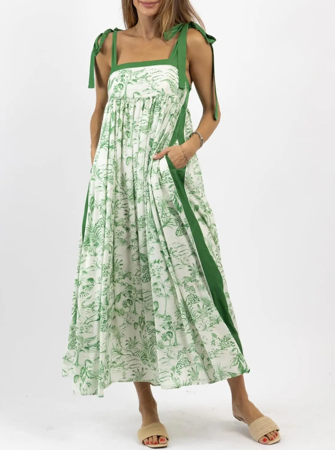 Summer Dress for Women Boho Tie Shoulder Floral Smocked Flowy Long Dress Ruffle Beach Vocation Maxi Sundress
