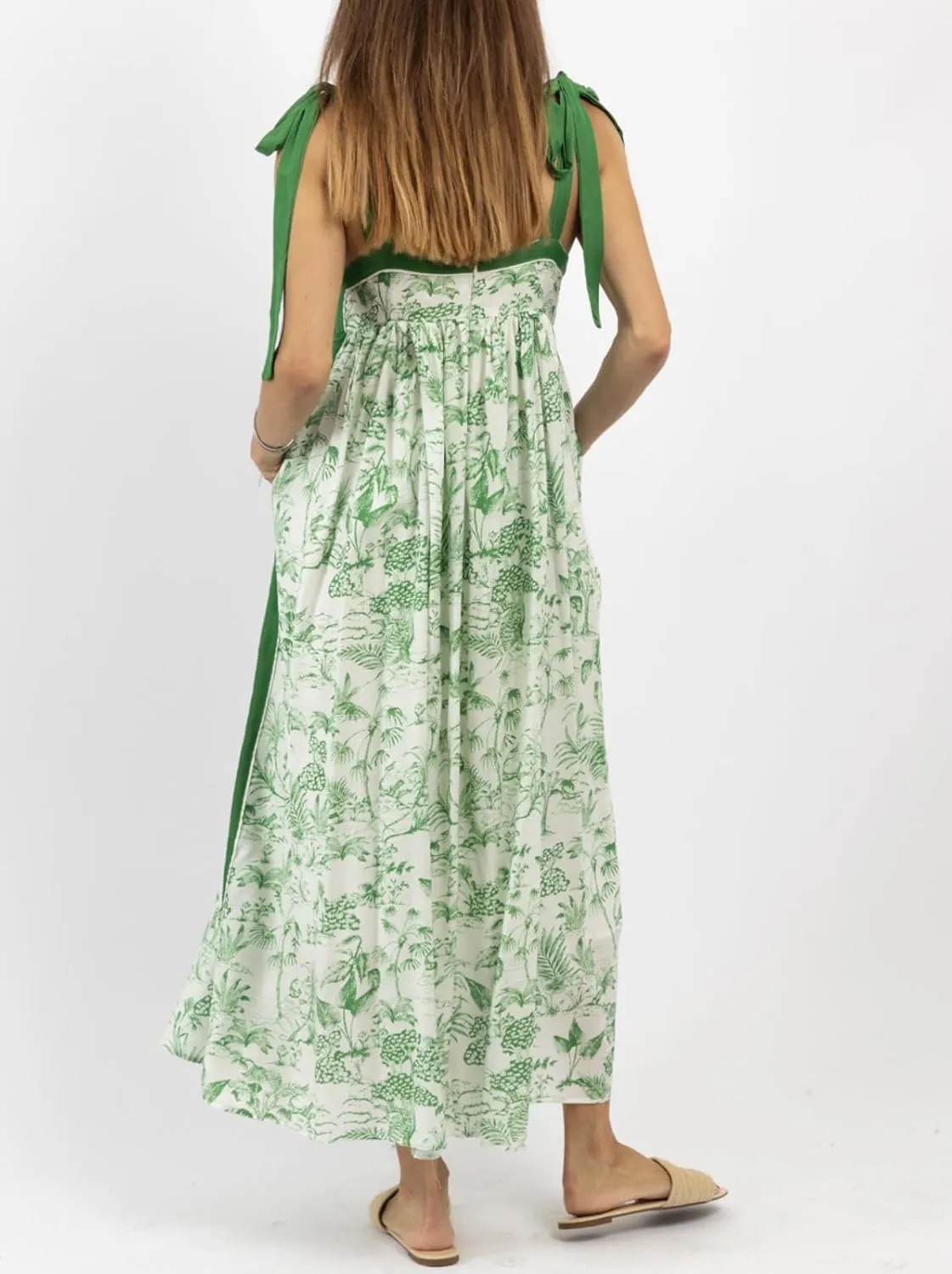 Summer Dress for Women Boho Tie Shoulder Floral Smocked Flowy Long Dress Ruffle Beach Vocation Maxi Sundress