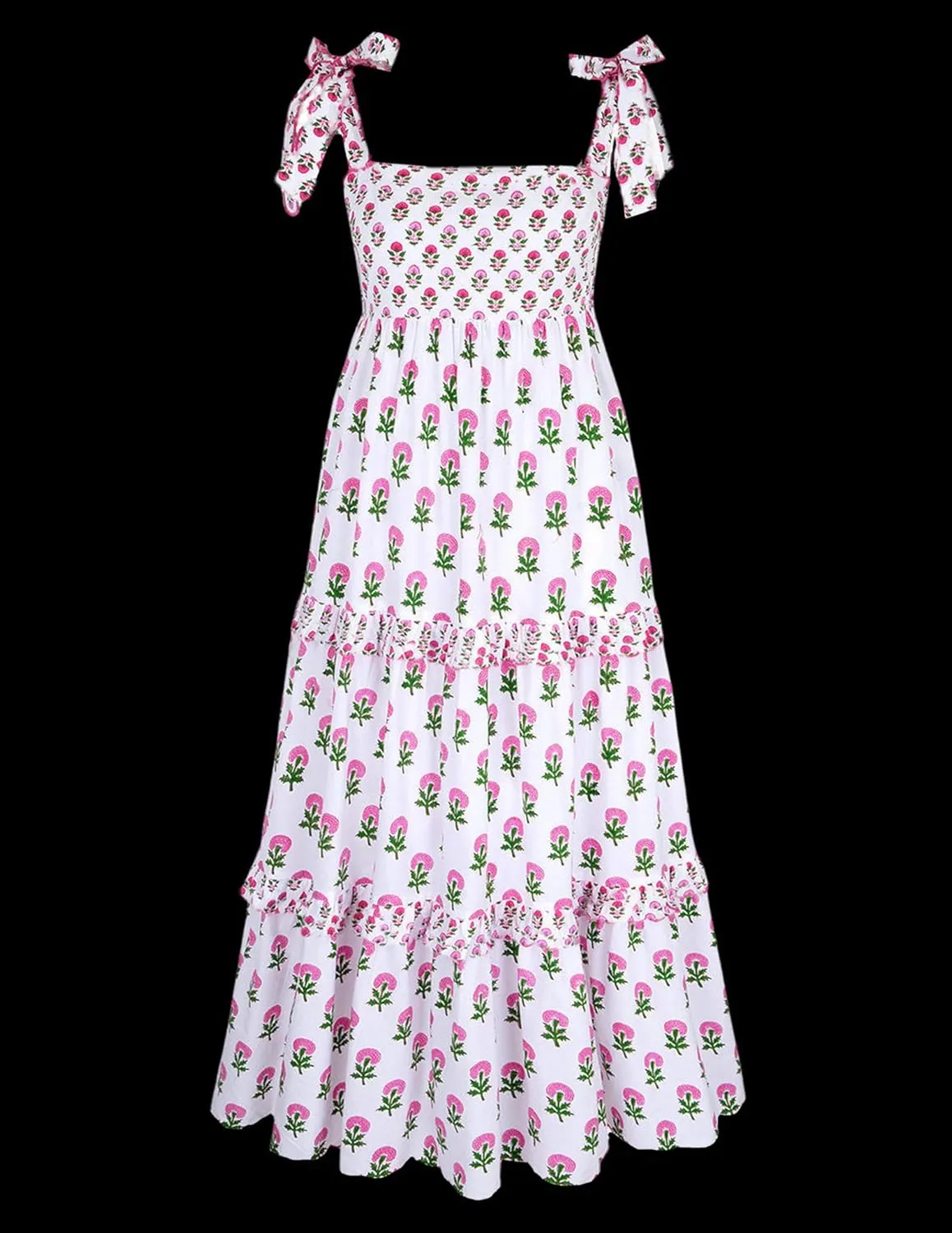 Summer Dress for Women Boho Tie Shoulder Floral Smocked Flowy Long Dress Ruffle Beach Vocation Maxi Sundress