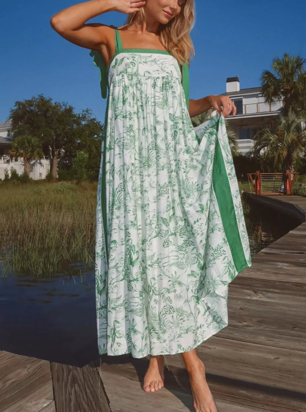 Summer Dress for Women Boho Tie Shoulder Floral Smocked Flowy Long Dress Ruffle Beach Vocation Maxi Sundress