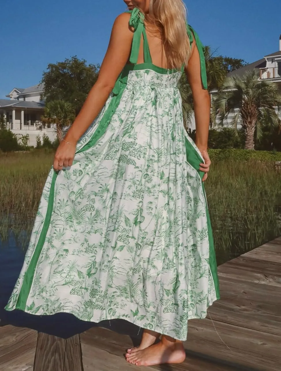Summer Dress for Women Boho Tie Shoulder Floral Smocked Flowy Long Dress Ruffle Beach Vocation Maxi Sundress
