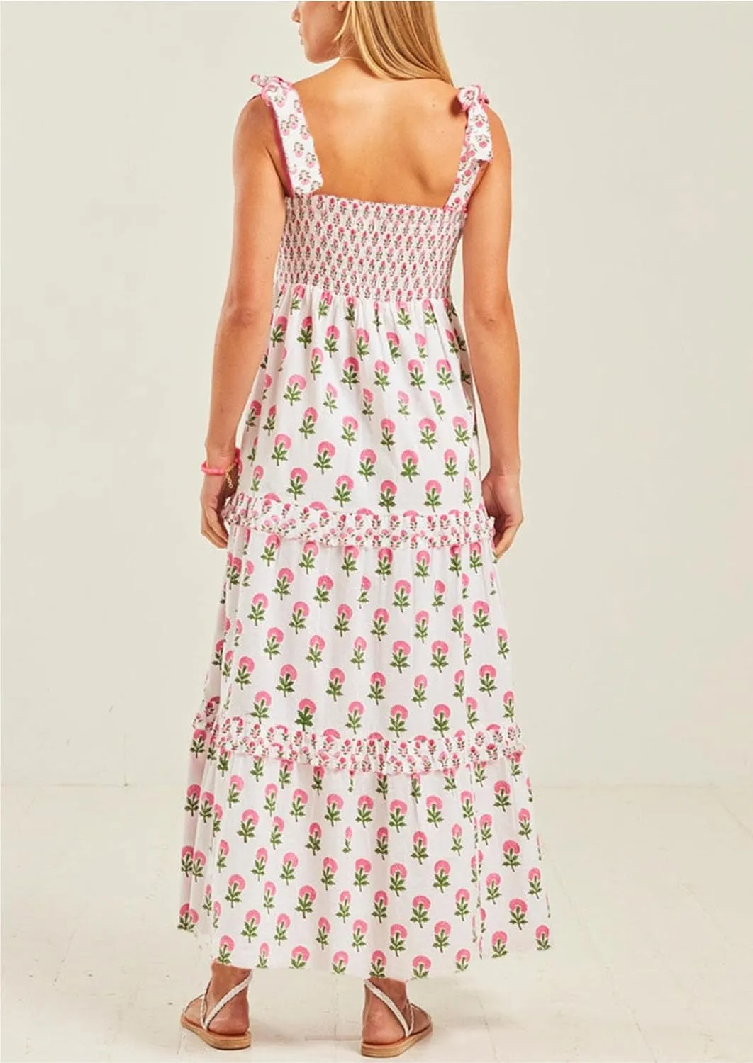 Summer Dress for Women Boho Tie Shoulder Floral Smocked Flowy Long Dress Ruffle Beach Vocation Maxi Sundress