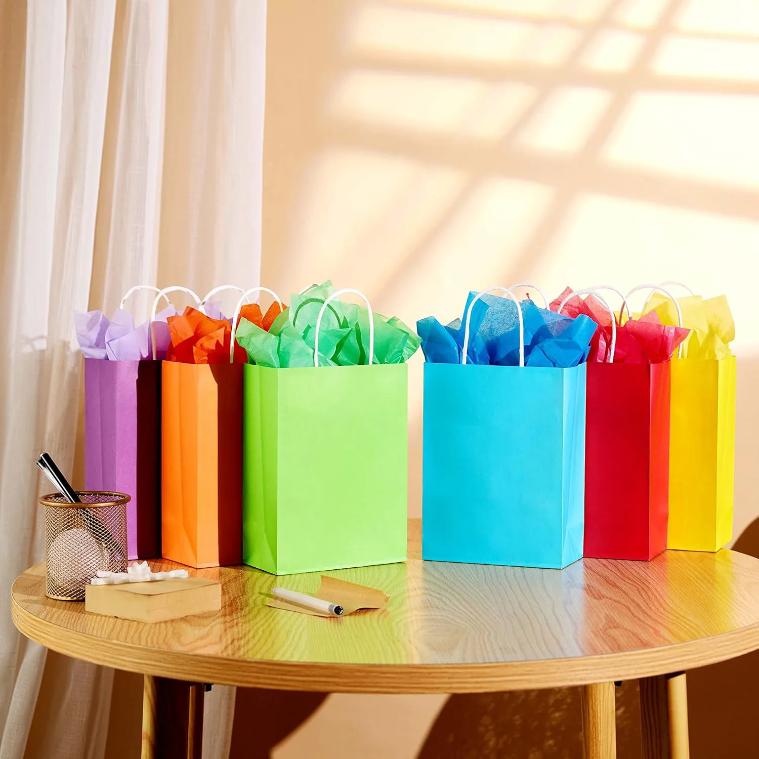 SUNCOLOR 24 Pieces 9" Rainbow Goodie Bags Small Gift Bags with Handle for Party Favor Bags (Rainbow)