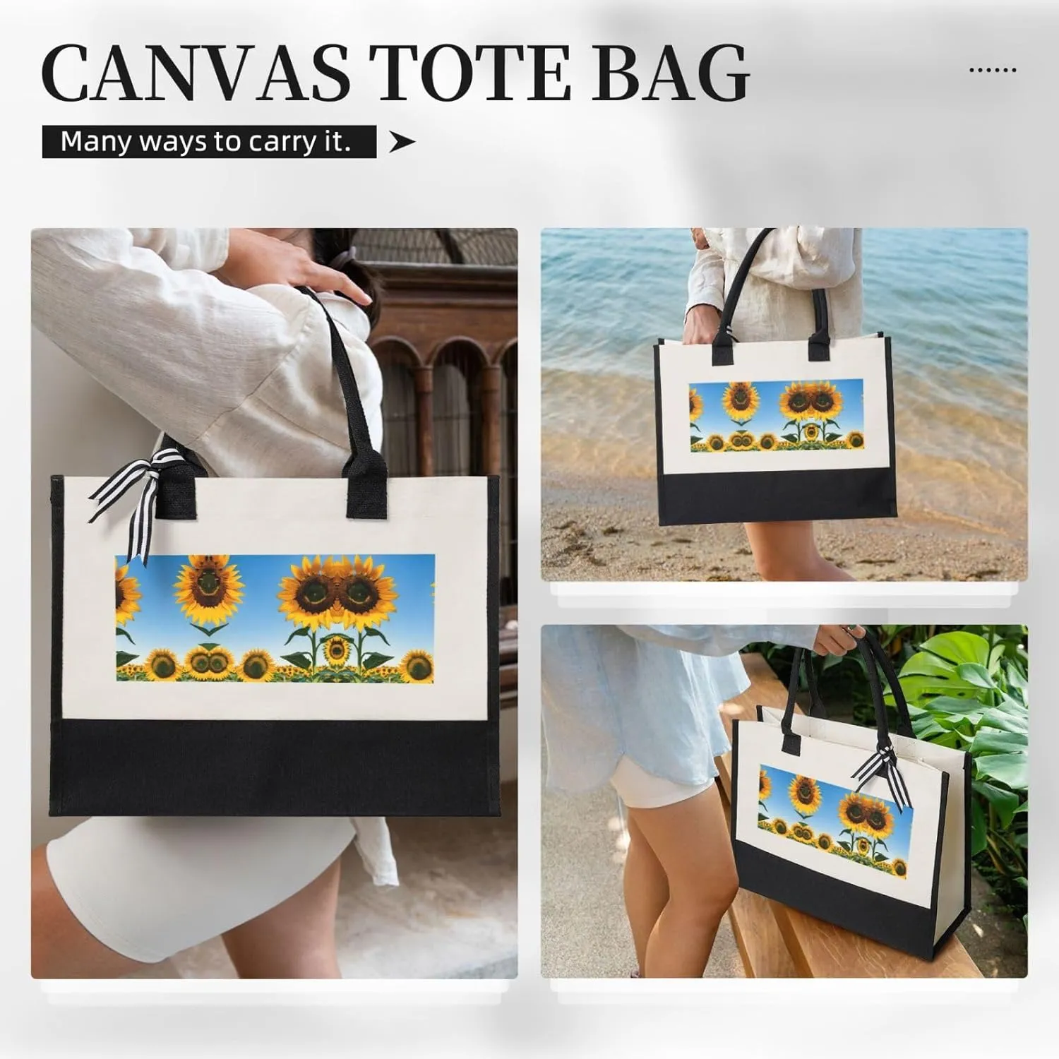 Sunflowers Sun Christmas Tote Bags With Handles Canvas Reusable Gift Bag For Women Shopping Holiday Travel