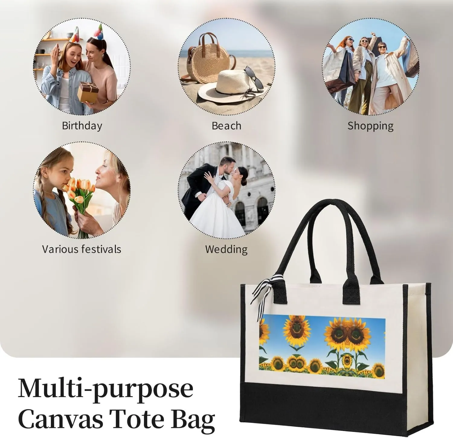 Sunflowers Sun Christmas Tote Bags With Handles Canvas Reusable Gift Bag For Women Shopping Holiday Travel