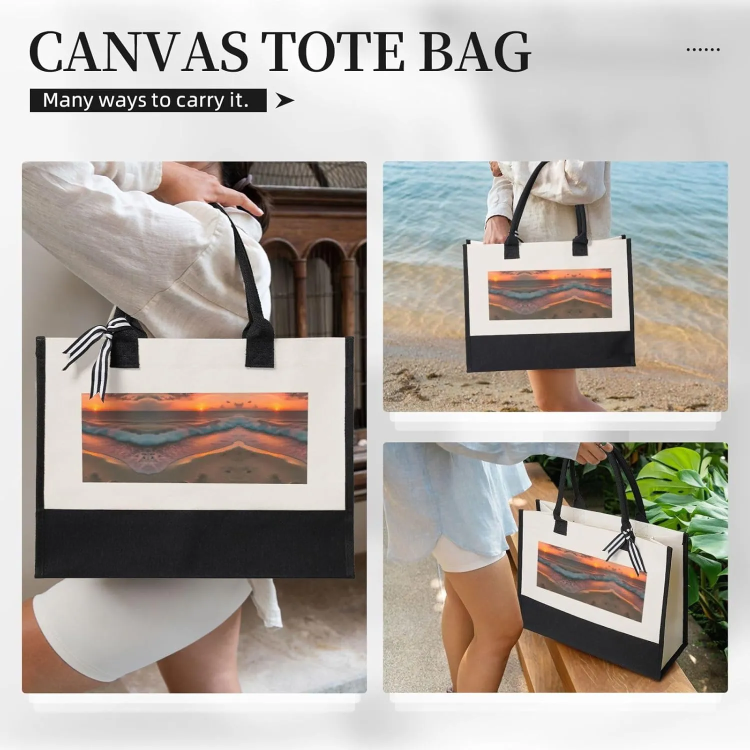 Sunset At The Beach Christmas Tote Bags With Handles Canvas Reusable Gift Bag For Women Shopping Holiday Travel