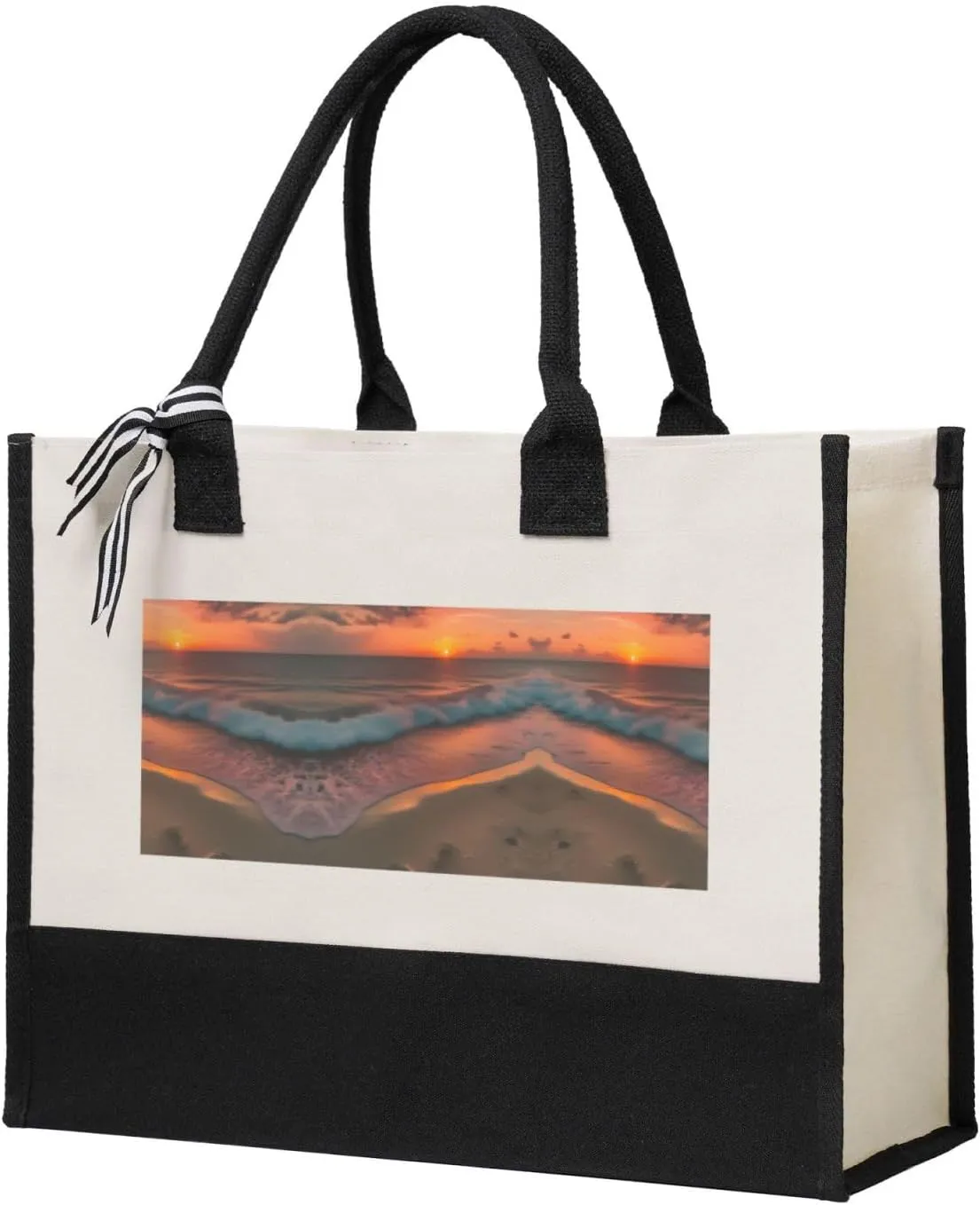 Sunset At The Beach Christmas Tote Bags With Handles Canvas Reusable Gift Bag For Women Shopping Holiday Travel