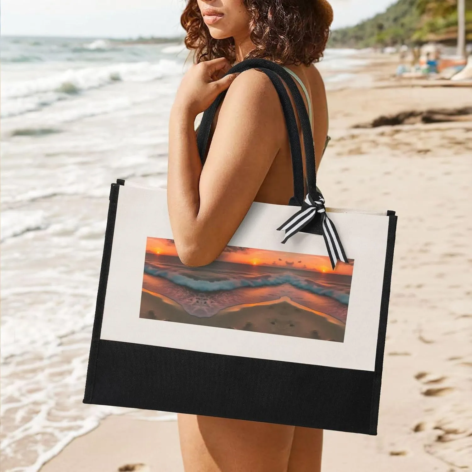 Sunset At The Beach Christmas Tote Bags With Handles Canvas Reusable Gift Bag For Women Shopping Holiday Travel