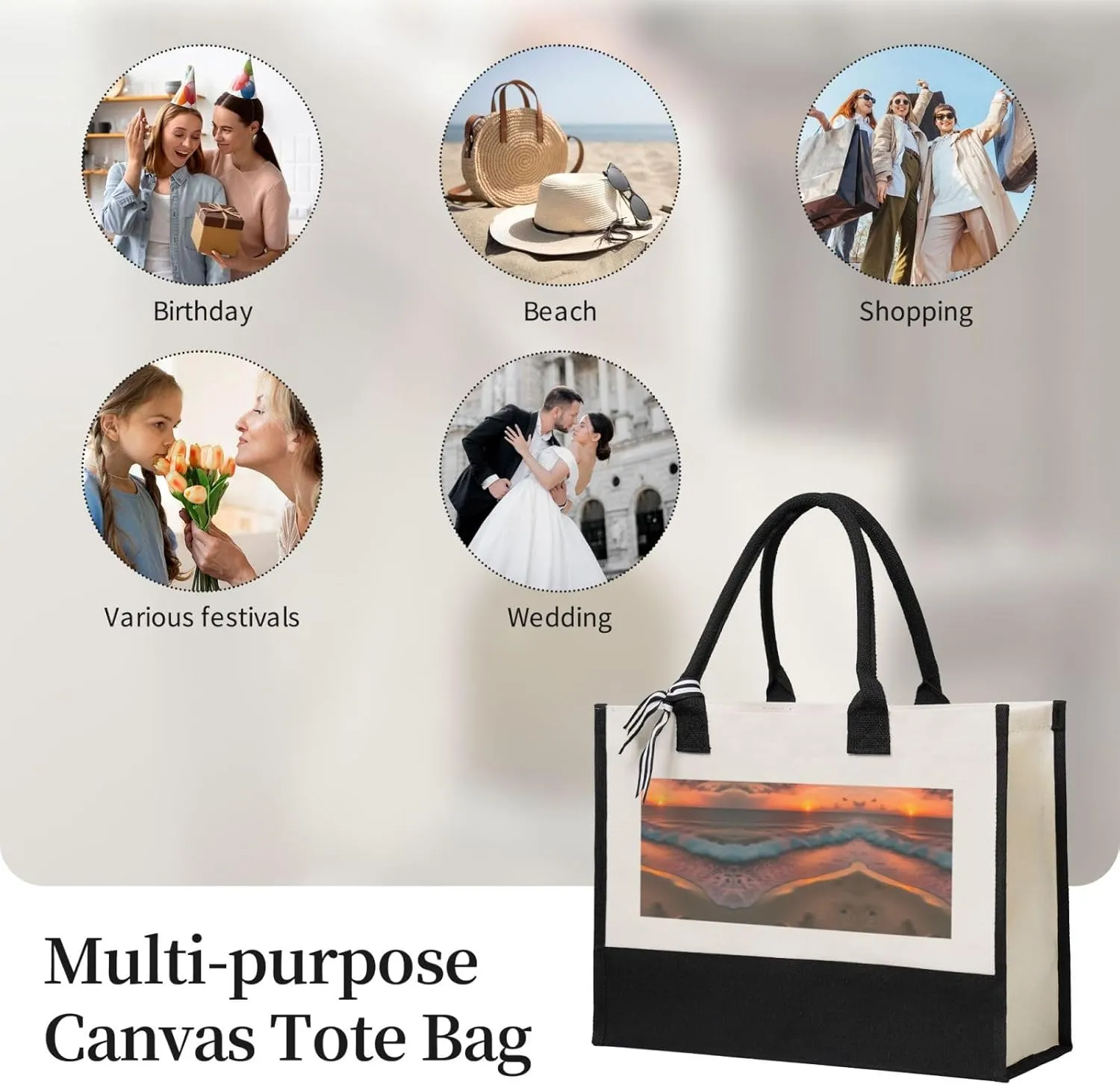 Sunset At The Beach Christmas Tote Bags With Handles Canvas Reusable Gift Bag For Women Shopping Holiday Travel