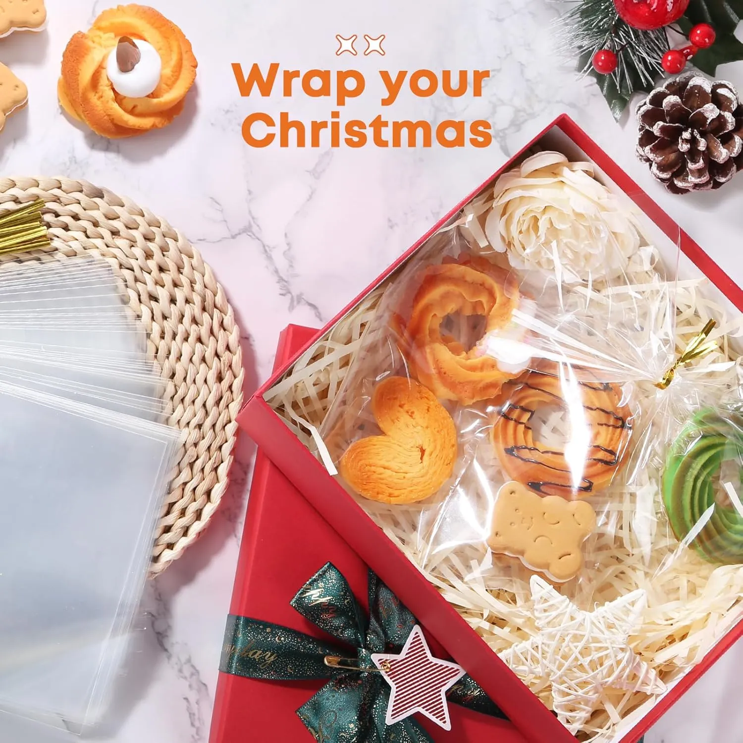 SUREHOME Cellophane Treat Bags 5x7 In 100 Pcs Individual Cookie Bags Small Plastic Clear Gift Bag with Ties for Gift Giving Birthday Party Favors Candy Snack Dessert Baked Goods Packaging
