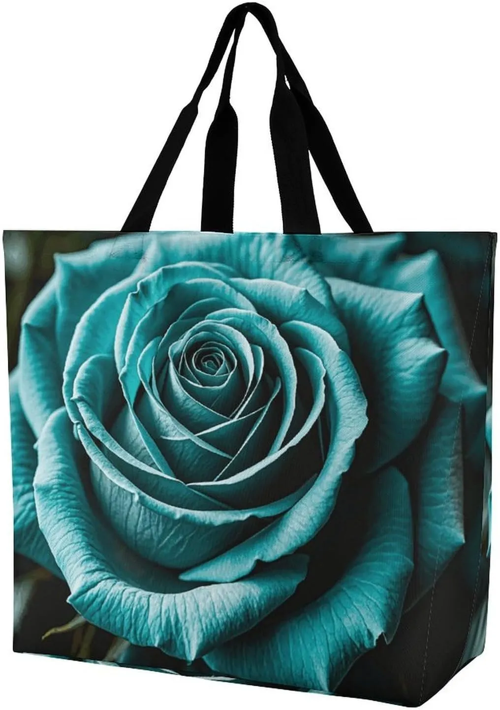 Teal Gray Rose Beach Bag Reusable Tote Bag Foldable Grocery Bags Women Shopping Bags for Daily Essentials