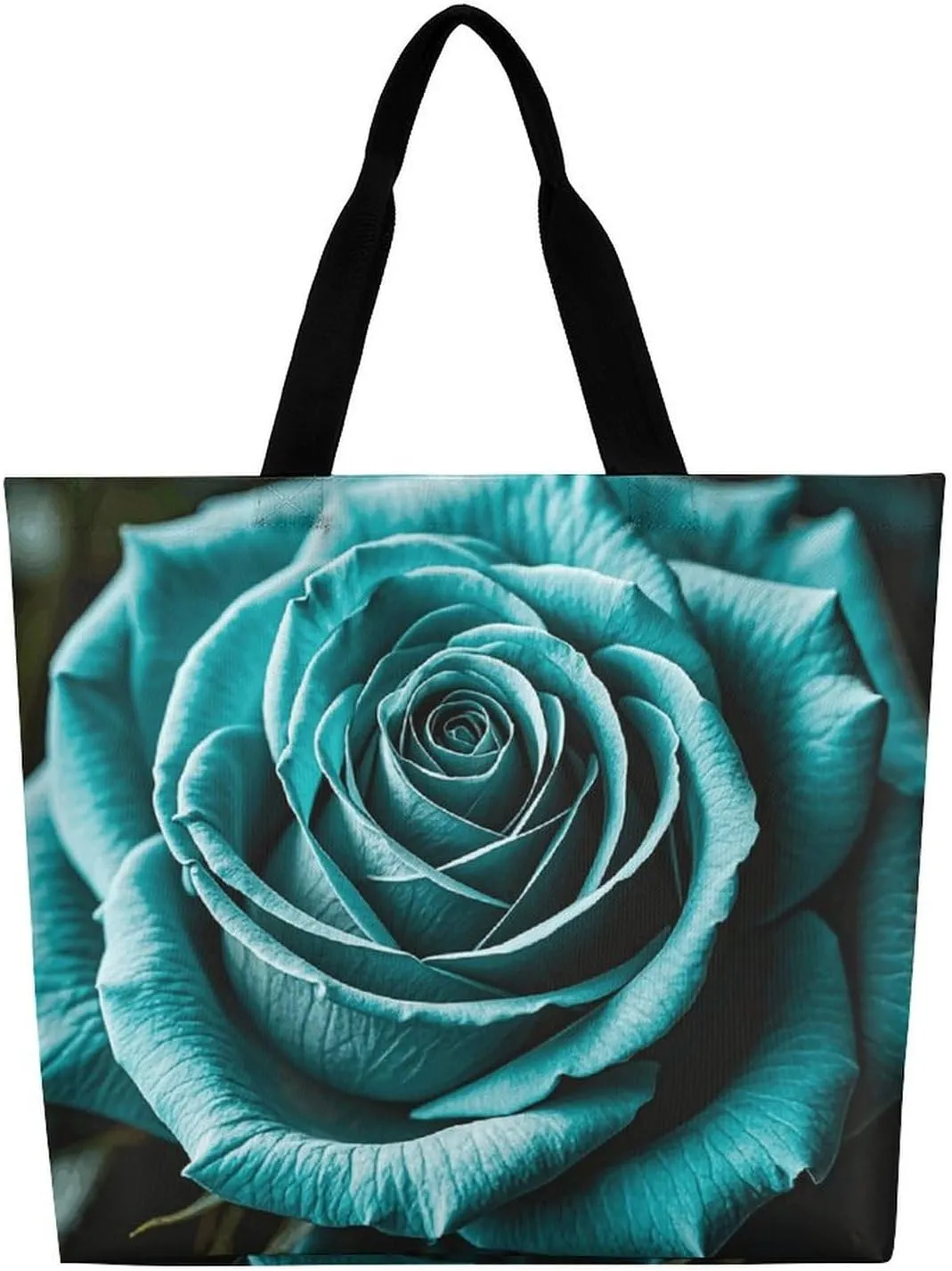 Teal Gray Rose Beach Bag Reusable Tote Bag Foldable Grocery Bags Women Shopping Bags for Daily Essentials