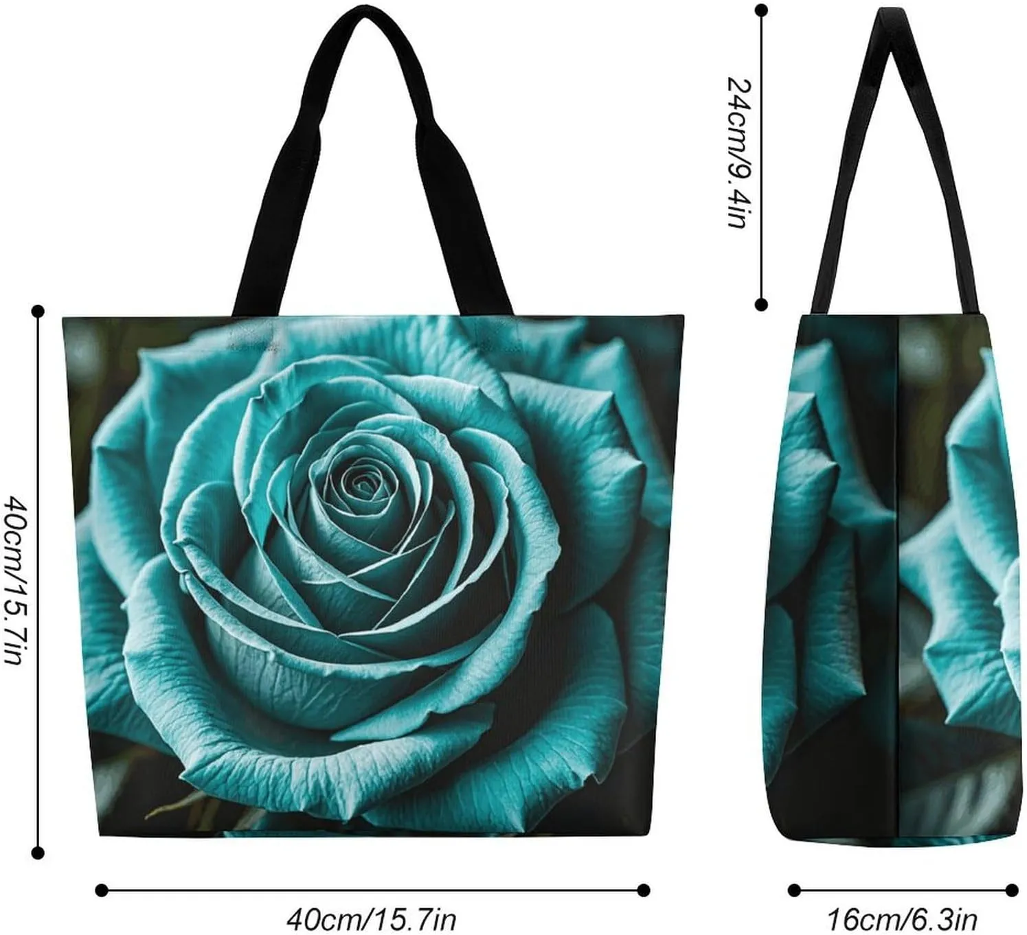 Teal Gray Rose Beach Bag Reusable Tote Bag Foldable Grocery Bags Women Shopping Bags for Daily Essentials
