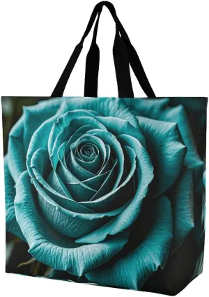 Teal Gray Rose Beach Bag Reusable Tote Bag Foldable Grocery Bags Women Shopping Bags for Daily Essentials