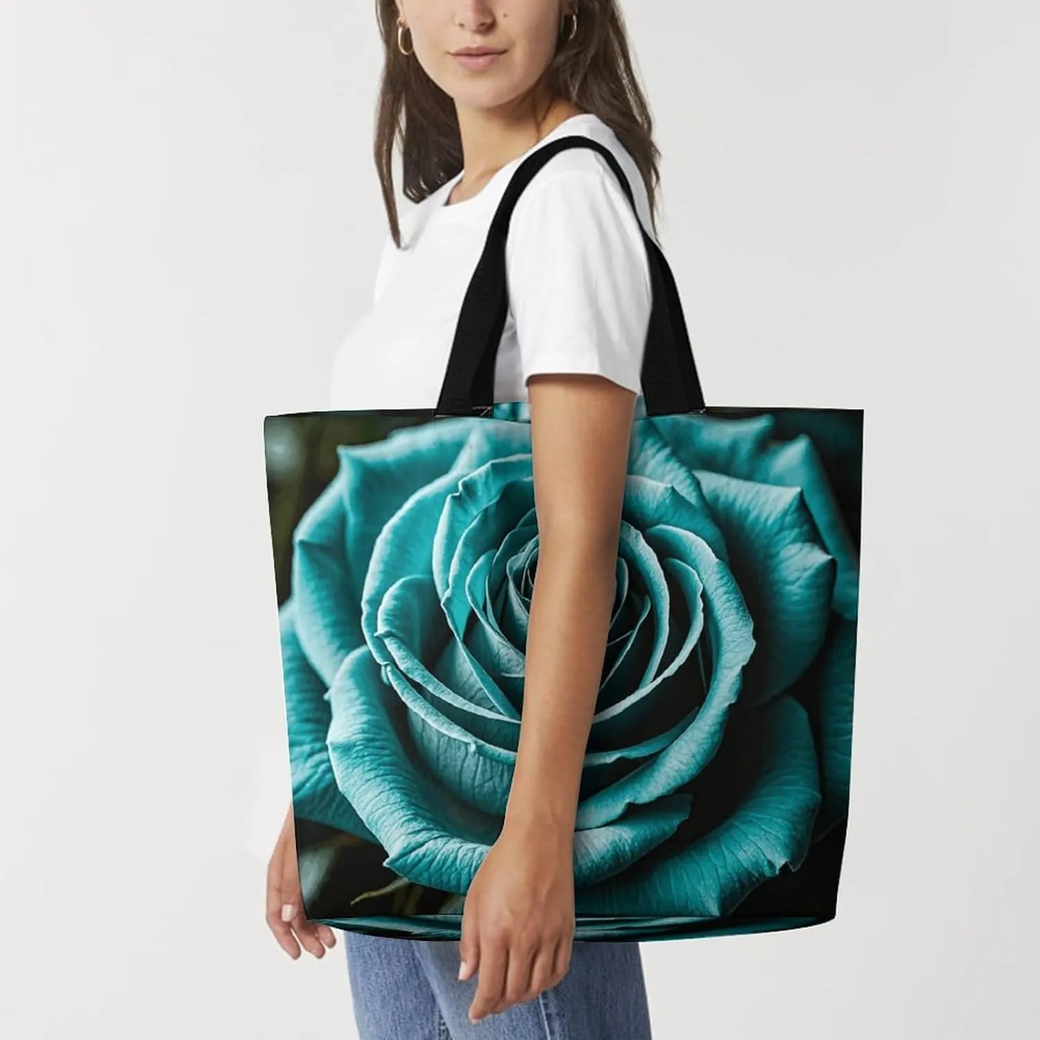 Teal Gray Rose Beach Bag Reusable Tote Bag Foldable Grocery Bags Women Shopping Bags for Daily Essentials