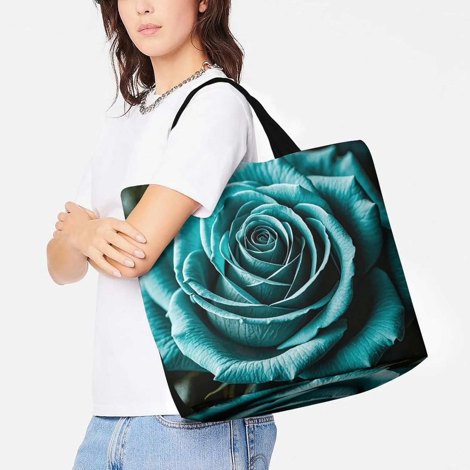 Teal Gray Rose Beach Bag Reusable Tote Bag Foldable Grocery Bags Women Shopping Bags for Daily Essentials