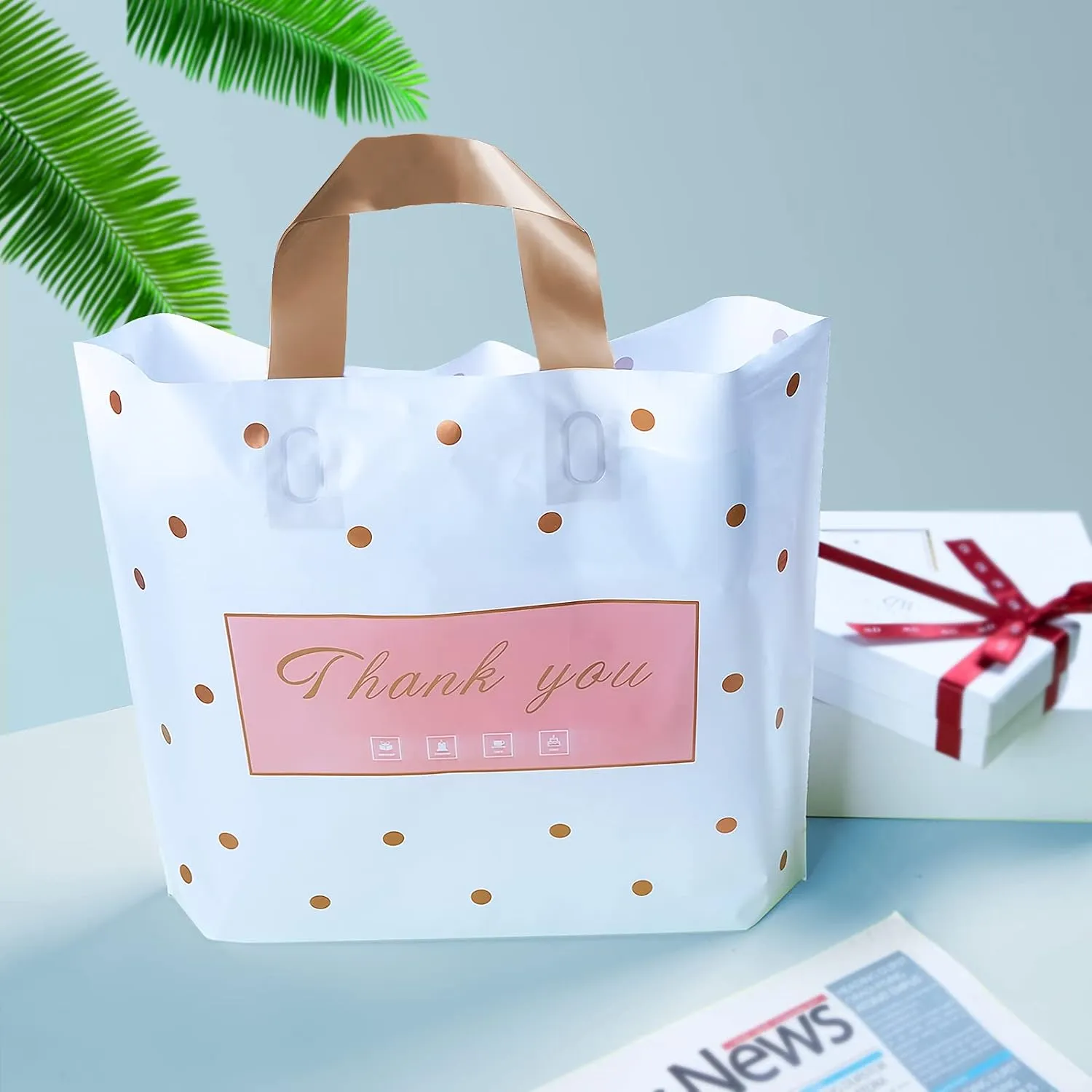 Thank You Bags - 50 Pack Plastic Bags for Small Business, Retail, Parties & Favors (Polka Dot, Medium 12"x14")