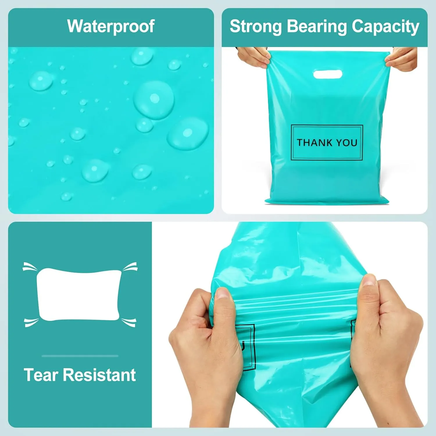 Thank You Bags for Small Business, 200pcs Plastic Retail Bags Merchandise Bags with Handles Bulk Large Reusable Shopping Boutique Bags 9x12 and 12x15 for Stores Clothes Supplies(Turquoise)