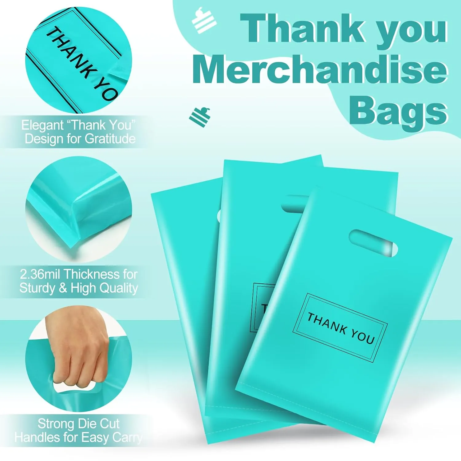 Thank You Bags for Small Business, 200pcs Plastic Retail Bags Merchandise Bags with Handles Bulk Large Reusable Shopping Boutique Bags 9x12 and 12x15 for Stores Clothes Supplies(Turquoise)