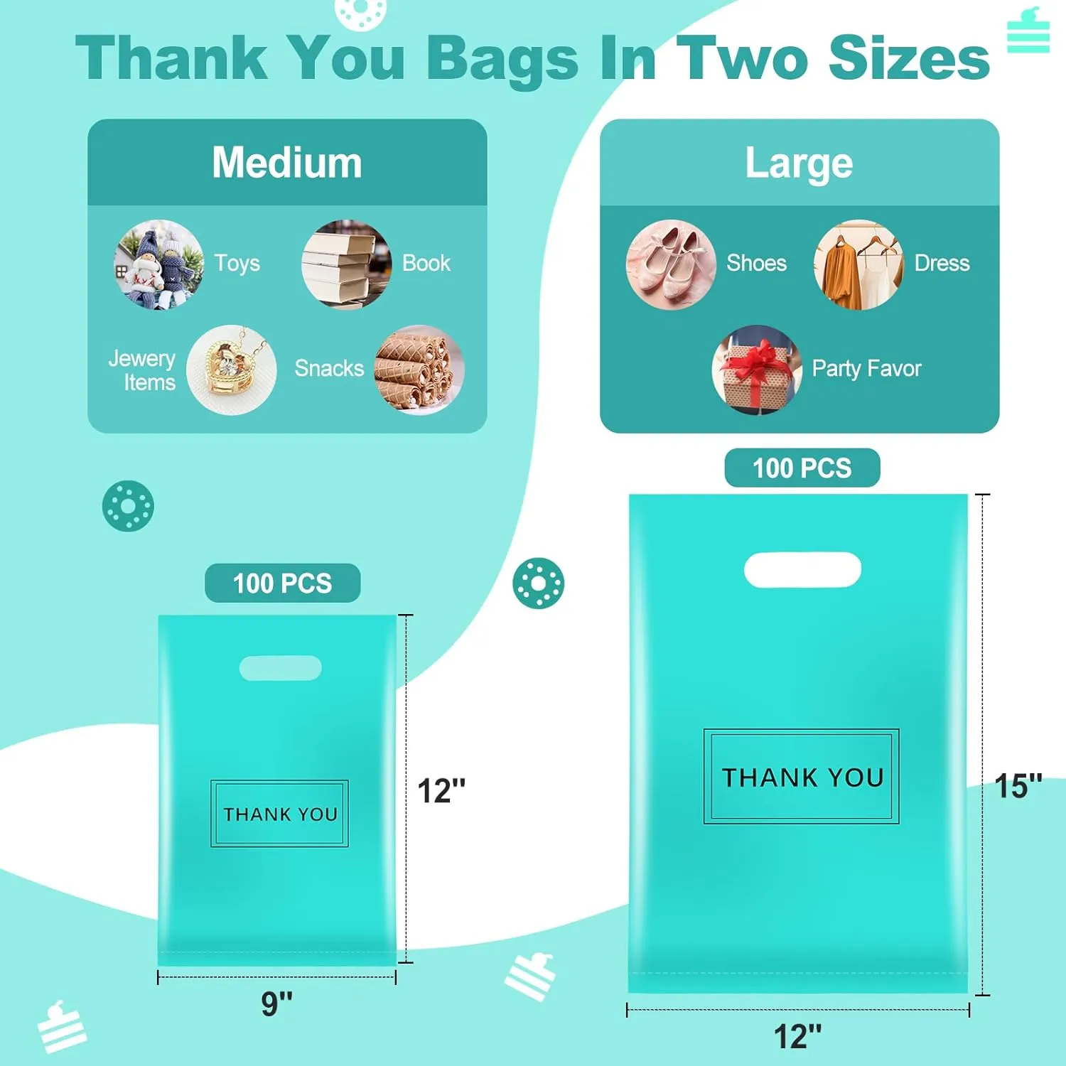 Thank You Bags for Small Business, 200pcs Plastic Retail Bags Merchandise Bags with Handles Bulk Large Reusable Shopping Boutique Bags 9x12 and 12x15 for Stores Clothes Supplies(Turquoise)