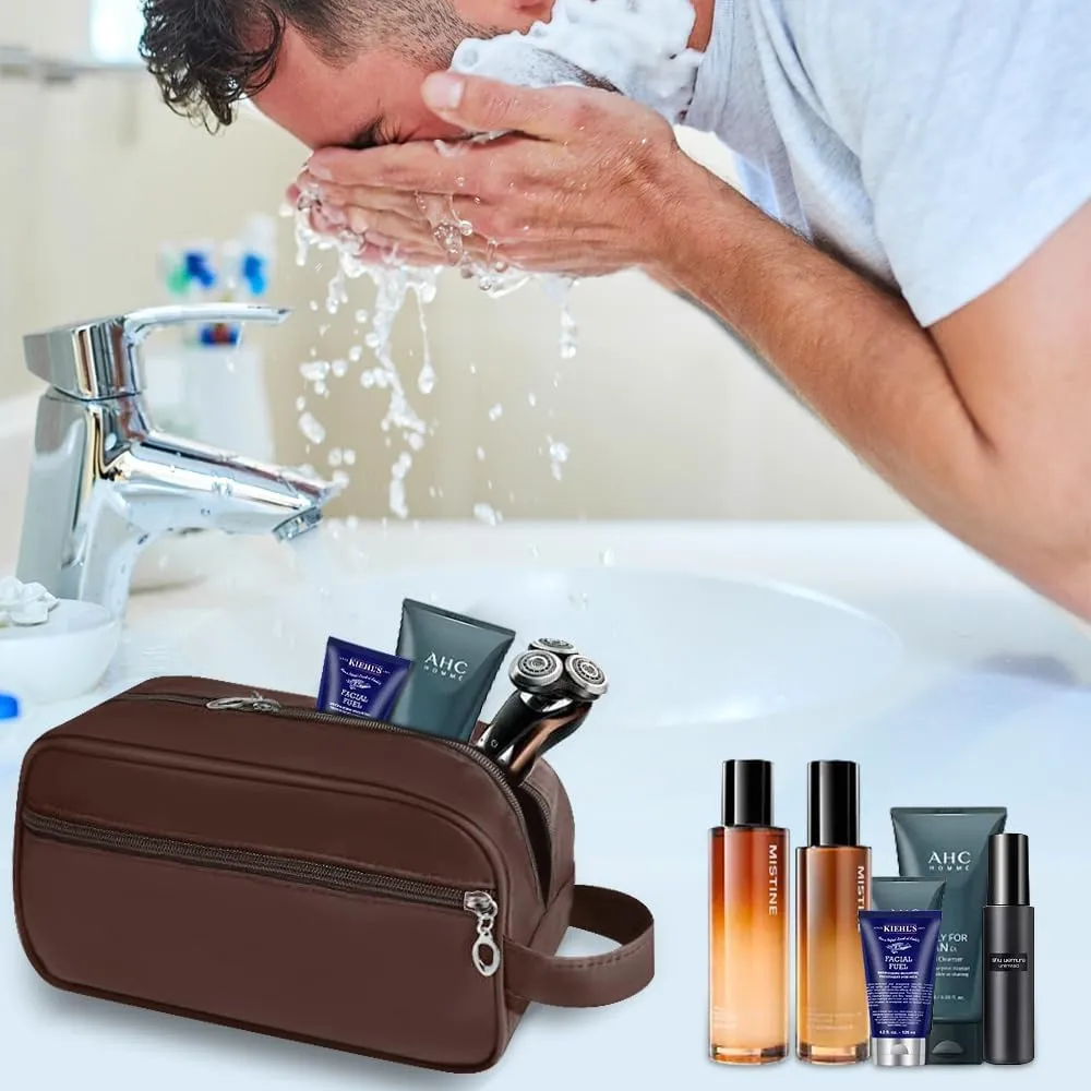 Toiletry Bag for Women,Travel Makeup Bag Organizer,Medium Hanging Travel Toiletry Bag,Large Wide-open Travel Bag for Toiletries,Dopp Kit Water-resistant Shaving Bag for Accessories-Brown
