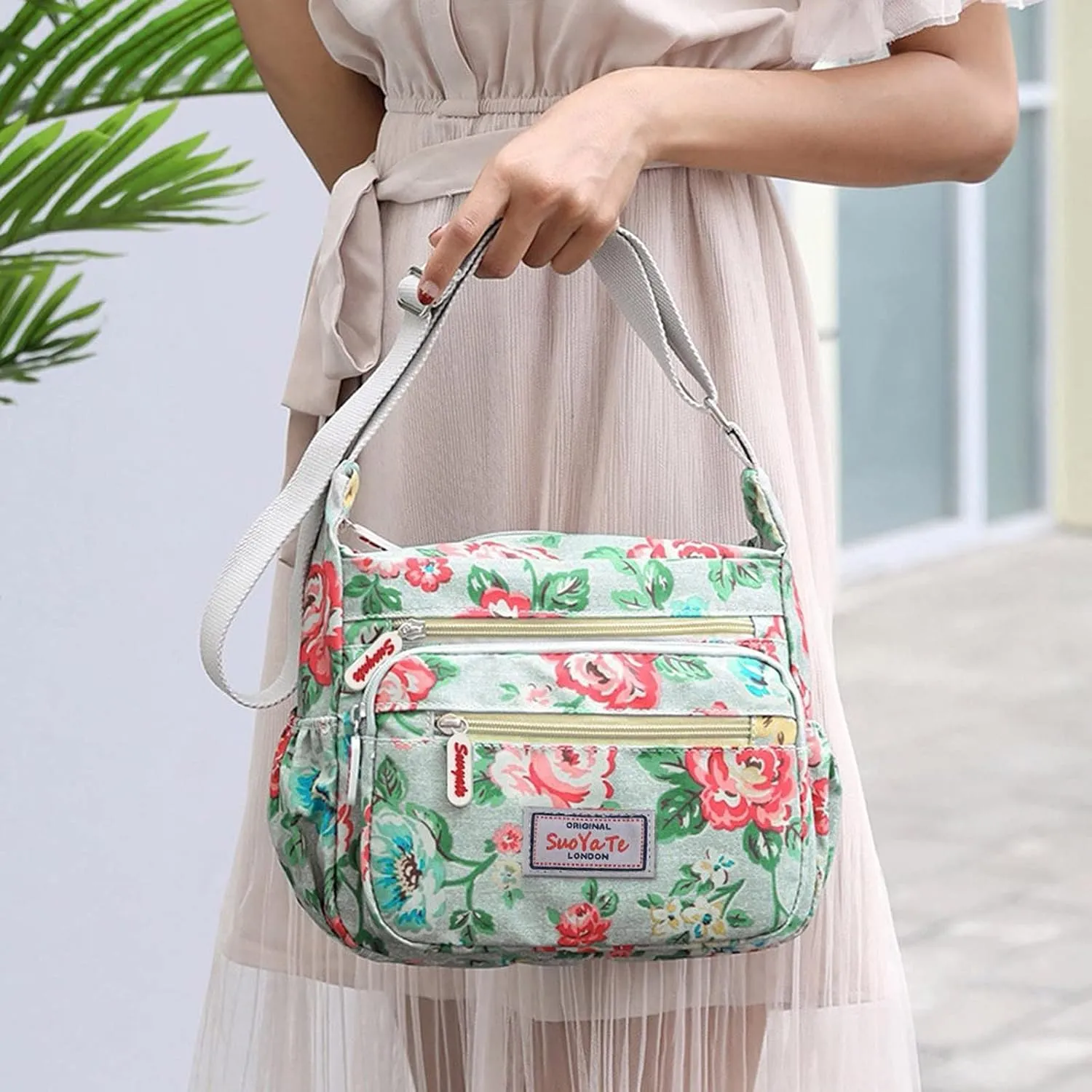 Tote Bag For Women Medium Floral Bag With Adjustable Shoulder Strap Nylon Crossbody Handbags For Shopping Travel Essential