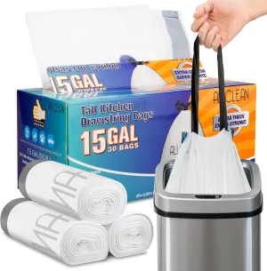 Trash Bags 15 Gallon Tall Kitchen Drawstring Garbage Bags, Extra Strong&Leak-Proof Large Recycling Kitchen Bags, Fresh Clean Unsented&Recyclable Trash Bags for Home Office Indoor Outdoor