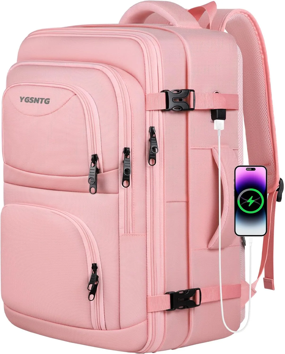 Travel Backpack for Women, 52L Carry On Backpack, Extra Large Expandable Travel Bag, 18.4 Inch TSA Flight Approved Luggage Personal Item Size with USB, Teacher Business Daypack, Pink