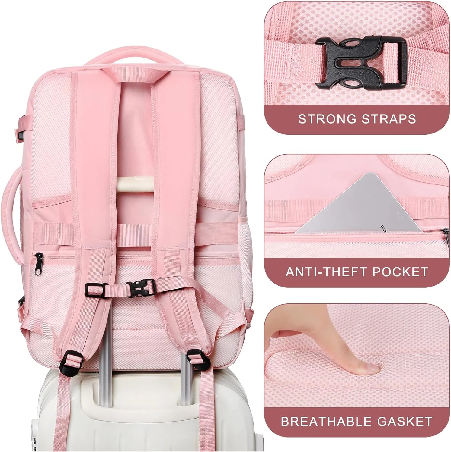 Travel Backpack for Women, 52L Carry On Backpack, Extra Large Expandable Travel Bag, 18.4 Inch TSA Flight Approved Luggage Personal Item Size with USB, Teacher Business Daypack, Pink