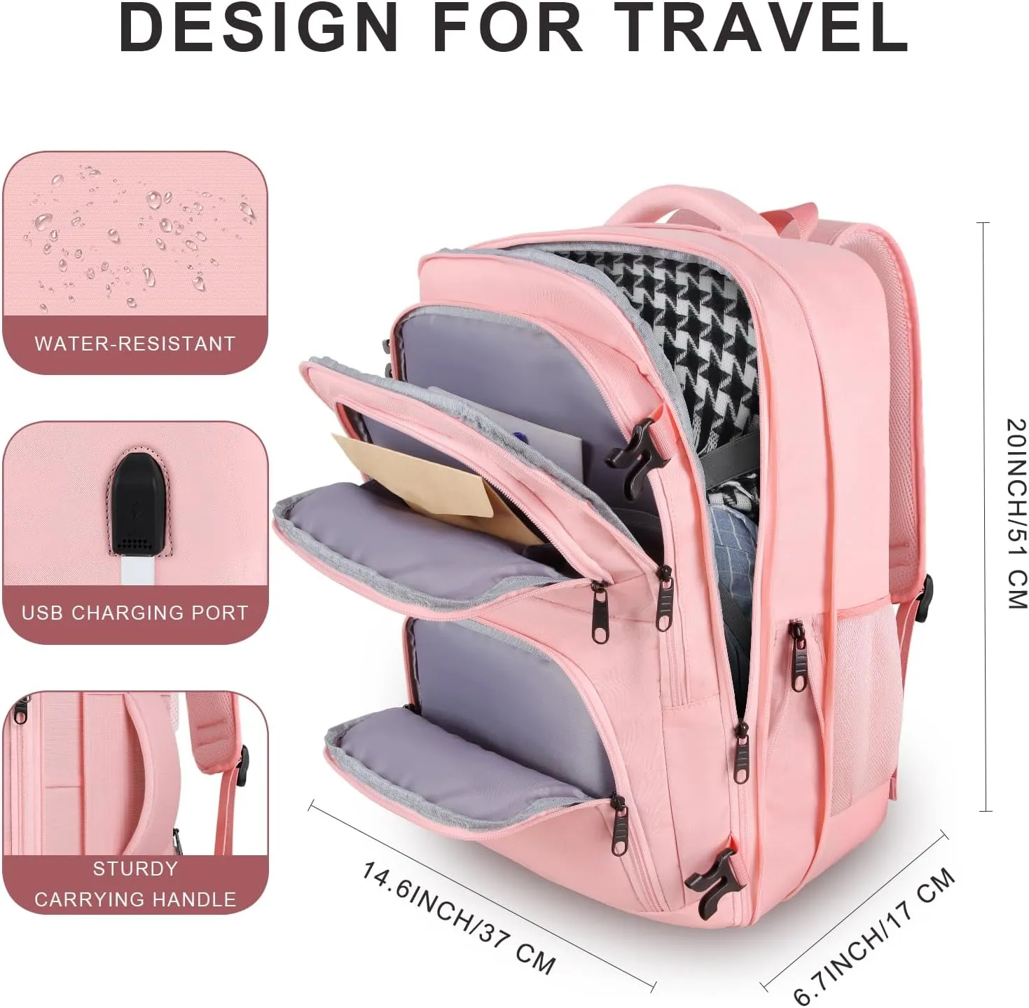 Travel Backpack for Women, 52L Carry On Backpack, Extra Large Expandable Travel Bag, 18.4 Inch TSA Flight Approved Luggage Personal Item Size with USB, Teacher Business Daypack, Pink