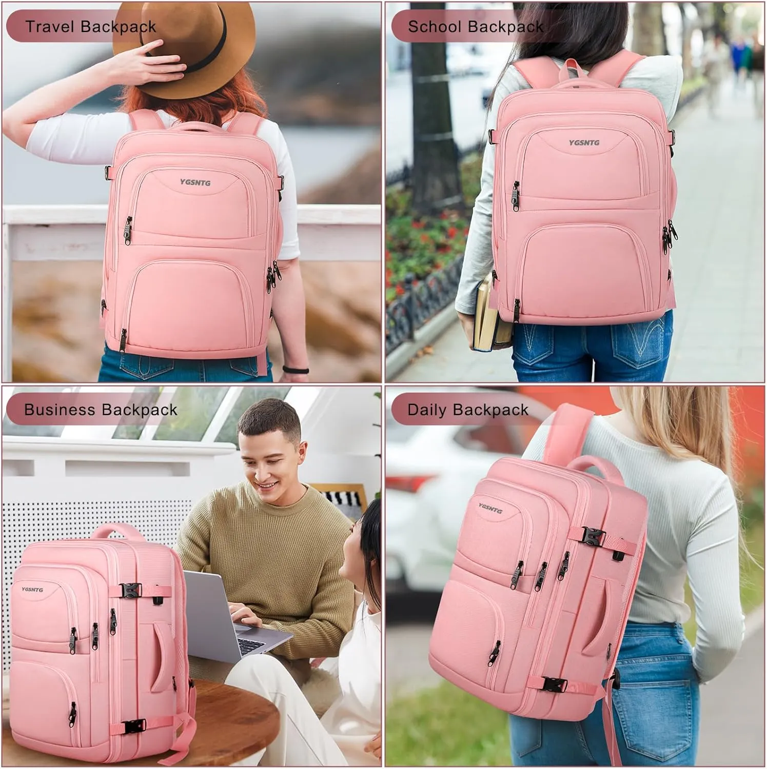 Travel Backpack for Women, 52L Carry On Backpack, Extra Large Expandable Travel Bag, 18.4 Inch TSA Flight Approved Luggage Personal Item Size with USB, Teacher Business Daypack, Pink