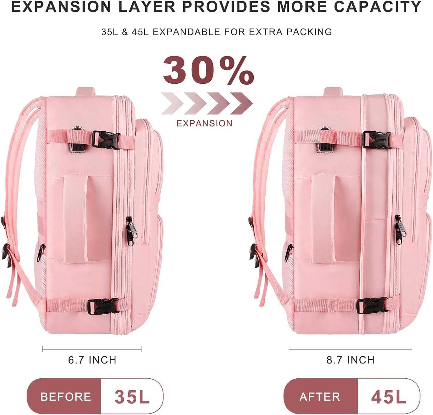 Travel Backpack for Women, 52L Carry On Backpack, Extra Large Expandable Travel Bag, 18.4 Inch TSA Flight Approved Luggage Personal Item Size with USB, Teacher Business Daypack, Pink