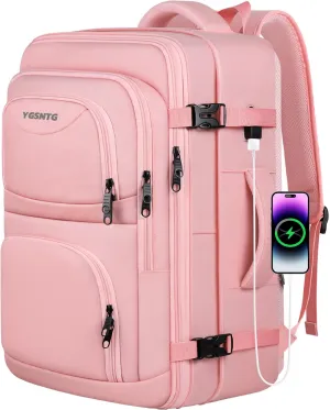 Travel Backpack for Women, 52L Carry On Backpack, Extra Large Expandable Travel Bag, 18.4 Inch TSA Flight Approved Luggage Personal Item Size with USB, Teacher Business Daypack, Pink