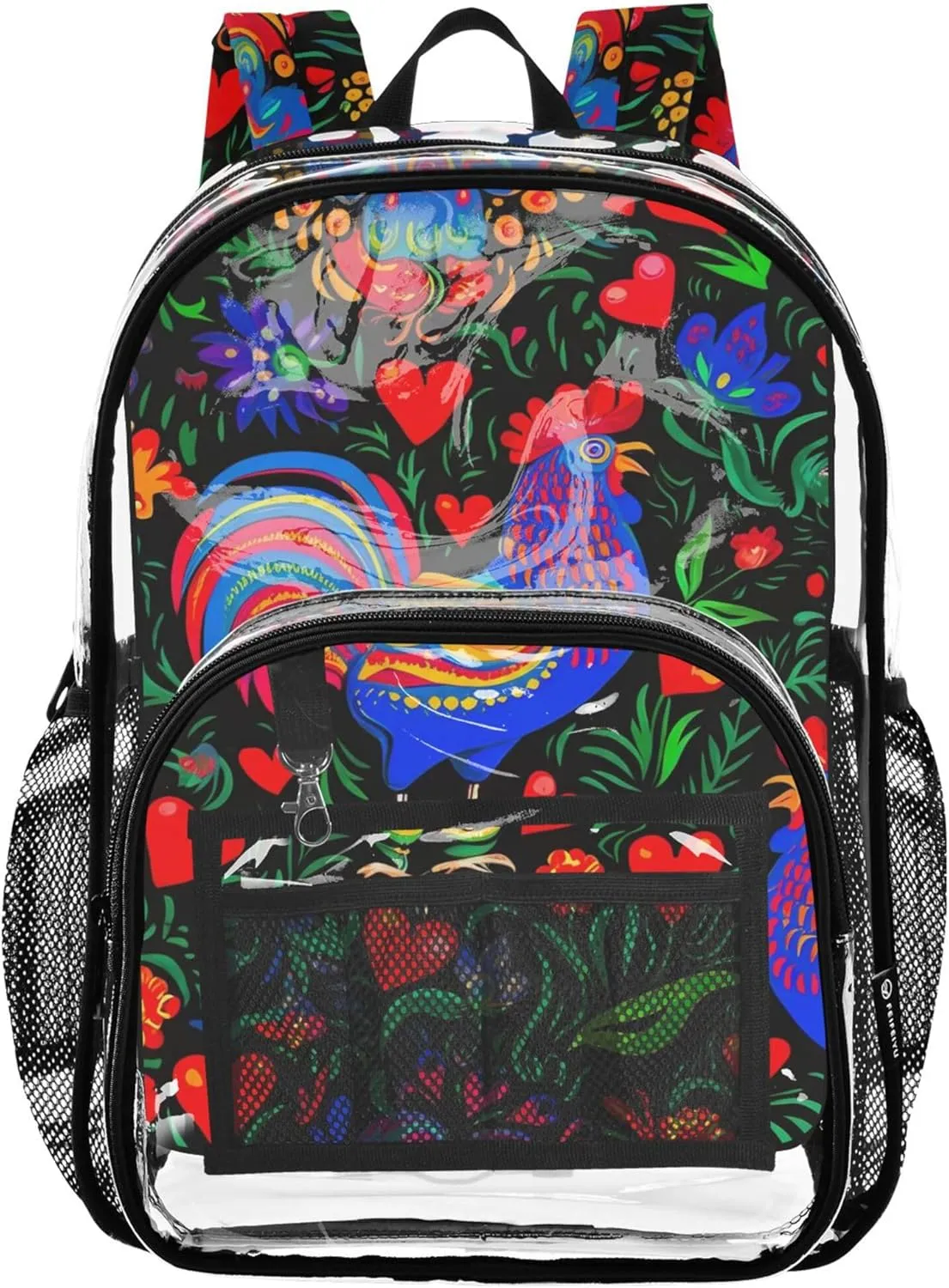 Travel Clear Backpack Floral Folk Art Colorful Roosters Kids Backpack for Girls Large Plastic Approved Bag