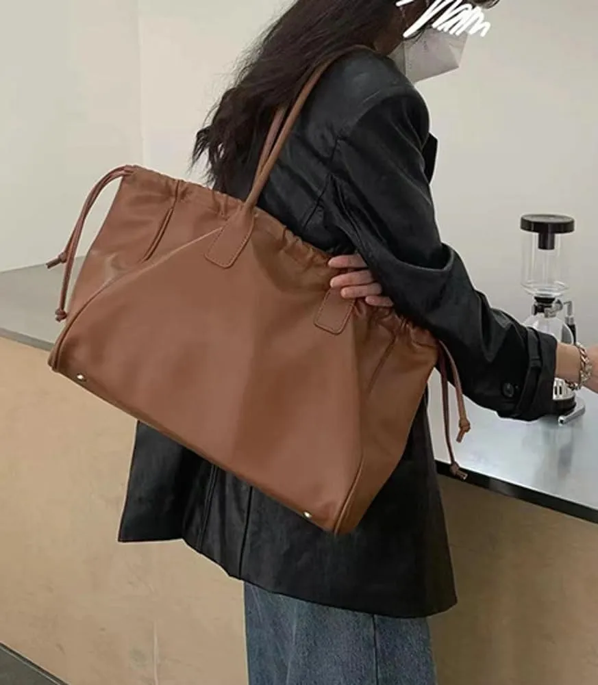 Trendy Shoulder Bags for Women Soft Vegan Leather Handbags Large Tote Purse Slouchy Top Handle Satchels with Drawstring