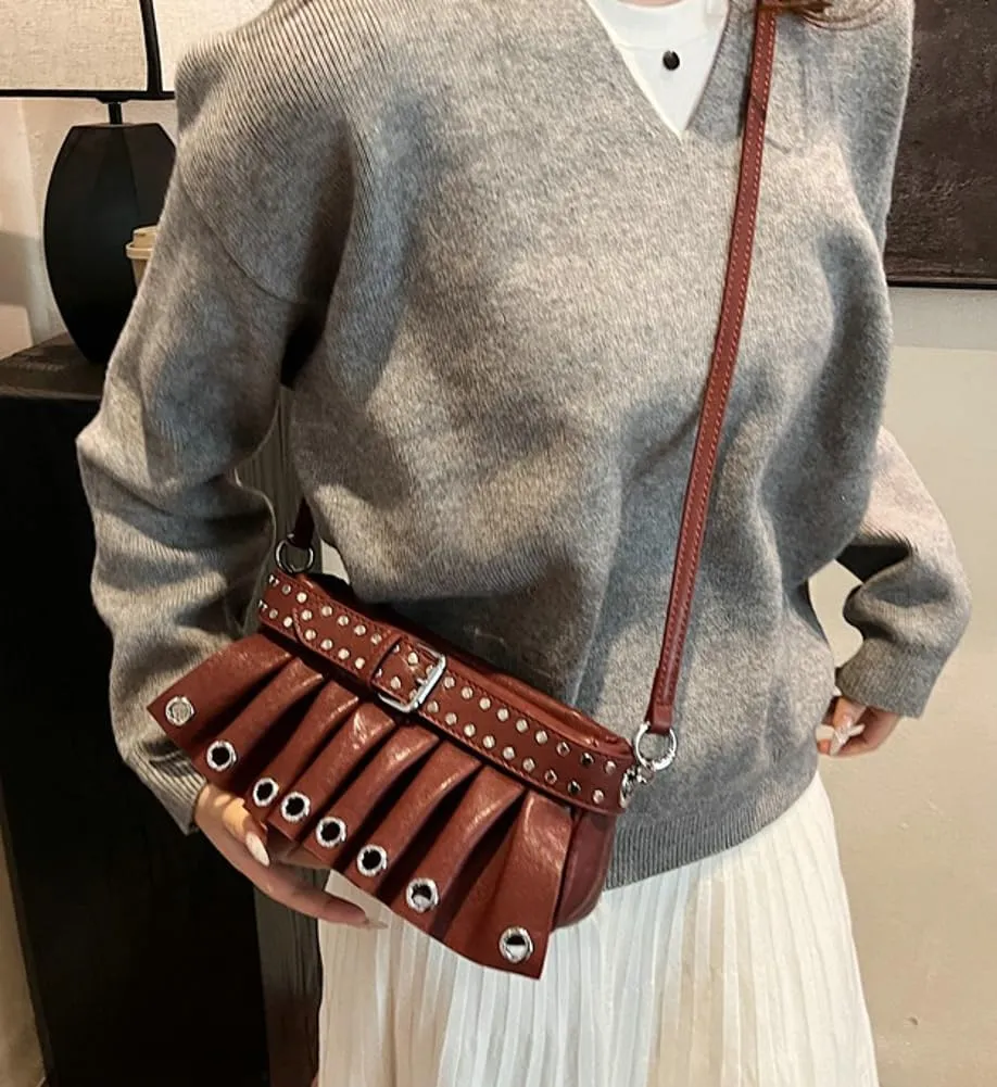 Trendy Studded Shoulder Bags for Women Vegan Leather Small Crossbody Tote Purse Y2K Pleated Handbag Satchels