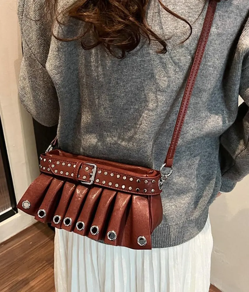 Trendy Studded Shoulder Bags for Women Vegan Leather Small Crossbody Tote Purse Y2K Pleated Handbag Satchels