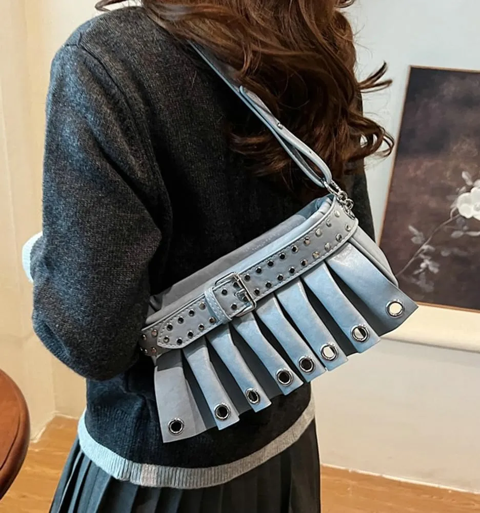 Trendy Studded Shoulder Bags for Women Vegan Leather Small Crossbody Tote Purse Y2K Pleated Handbag Satchels